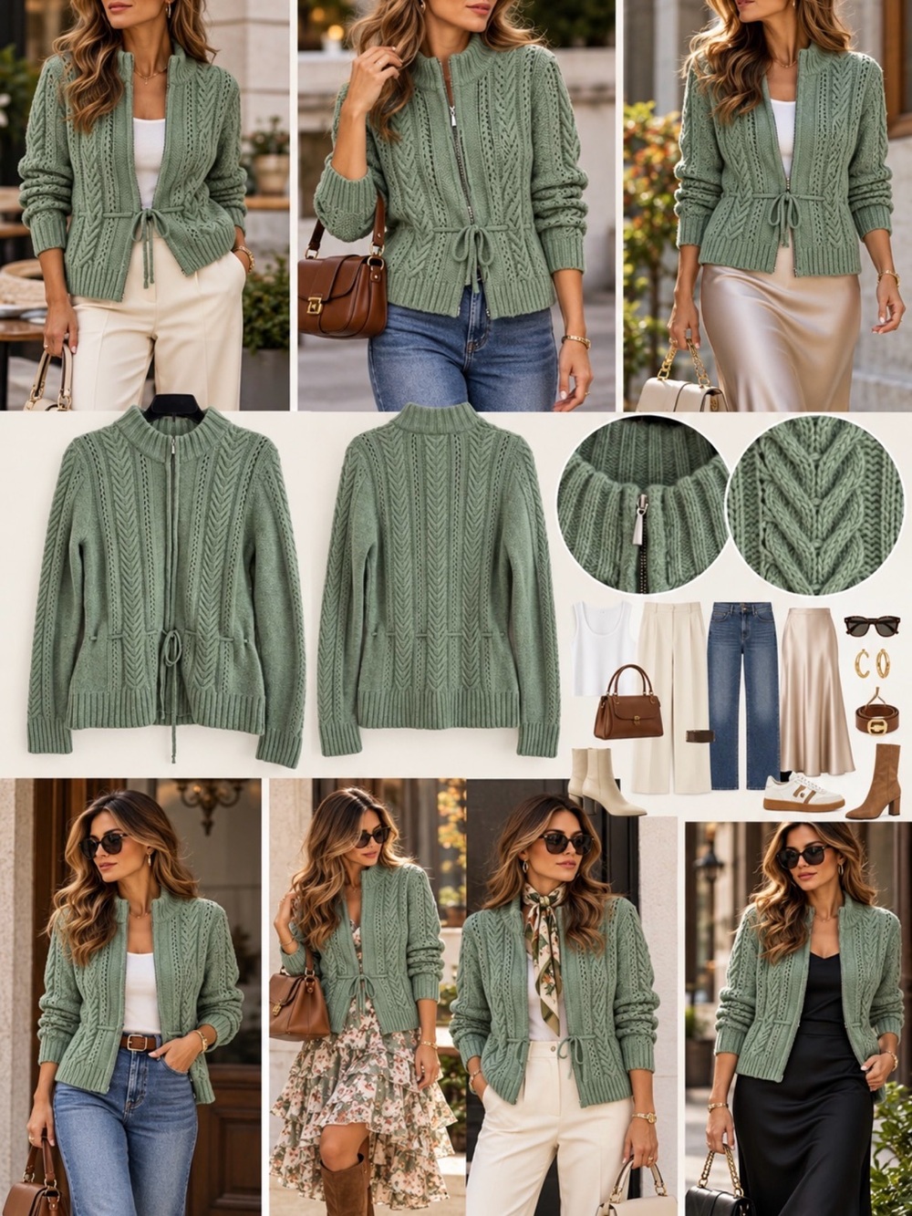 Cambridge Dry Goods Sage Green Cable Knit Zip Cardigan with Drawstring